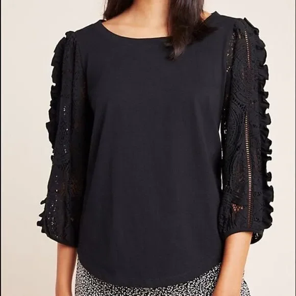 Anthropologie Nina lace sleeves Top size Small balloon sleeve 100% cotton - Picture 1 of 11